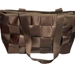 Comely Seatbelt Bag Double Handle Tote Zipper Close Brown Nylon Medium Shoulder